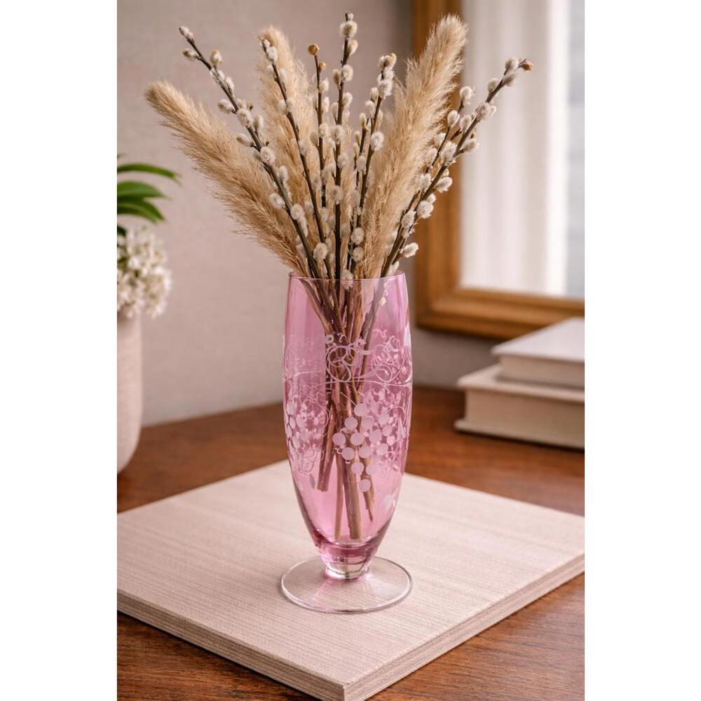Vintage Bohemian Style Handblown Cranberry Etched Glass Vase with Grape Design